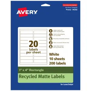 Avery Recycled Matte White Labels,  1" x 4" Rectangle
