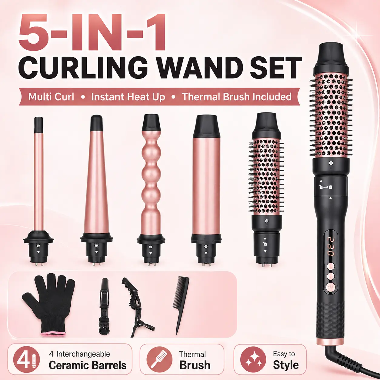 5-in-1 Ceramic Curling Wand Set - Hair Tools with 4 Interchangeable Multi-Size Barrels (0.5"-1.25"), Thermal Brush, Heat Up Fast Quick Heating Hair Styling Tool for Varied Looks