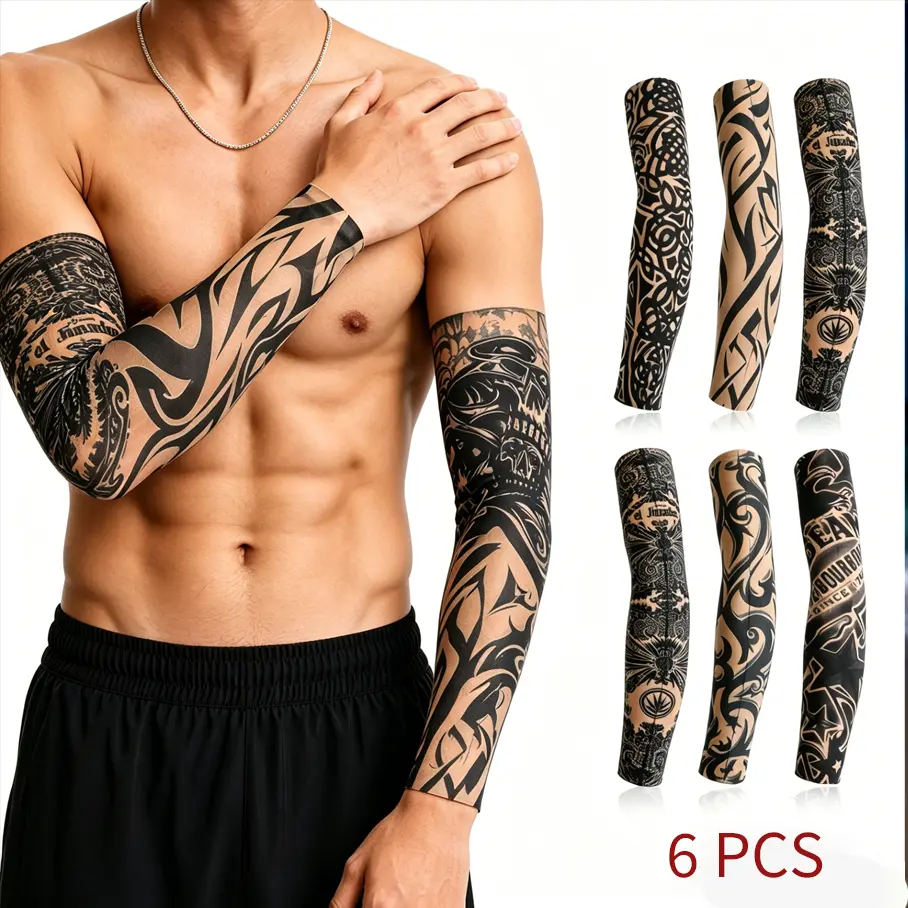 6 Pcs Tattoo Arm Sleeves for Men Women UV Protection Cooling Stretch Breathable Fake Tattoo Sleeves Outdoor Sports Cycling Running Fishing Basketball Golf Driving Sun Protection