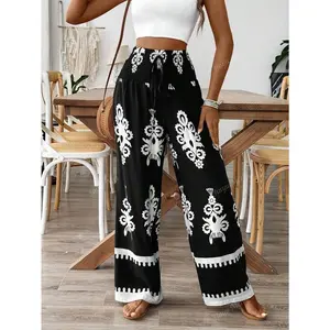 Women's Elastic Drawstring Waist Wide Leg Random Floral Print Pants
