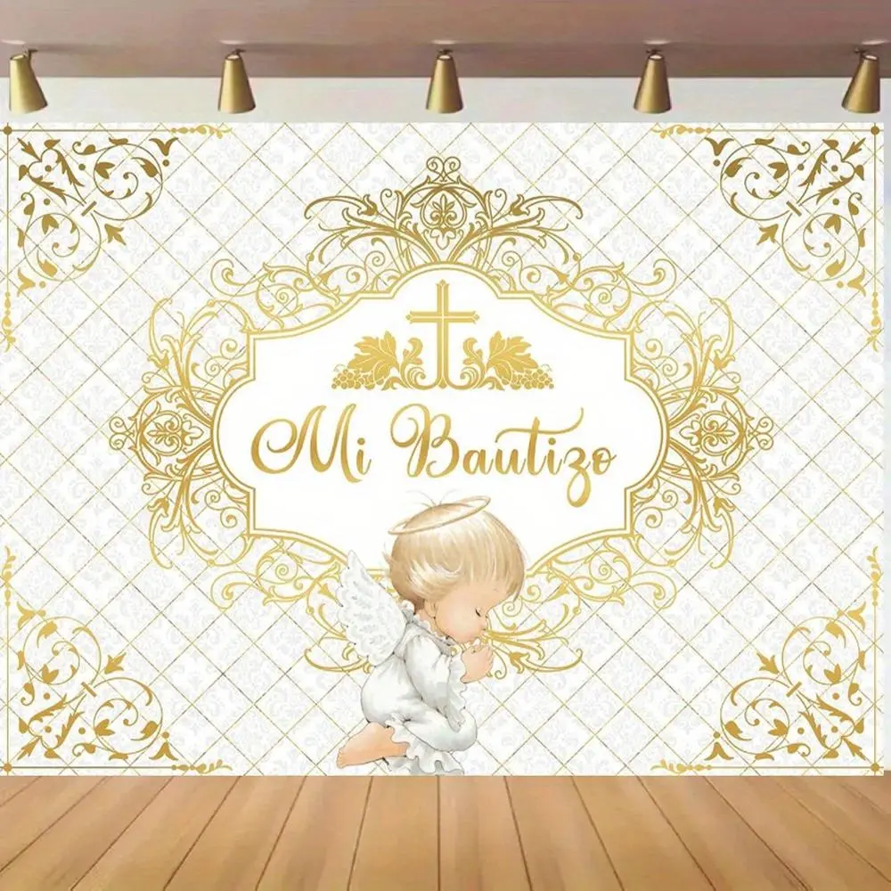 1pc Polyester 2D Flat Back Religious Ornament - Elegant Golden Print Angel Motif, Cross Design Decoration Party Supplies, 1-Piece Ceremony Celebration Decor for Baptismal Events, Portrait Photography Backdrops