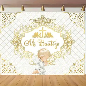 1pc 2D Flat Elegant Golden Baptism Angel & Cross Design for Celebrations Portrait Photography Occasions Religious Ornaments in Polyester Material