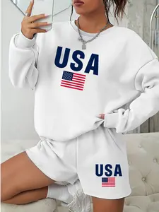 Women's USA American Flag 2-Piece Set - Sweatshirt & Shorts Matching Patriotic Print Casual Fitted White Loungewear Outfit Top