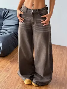 Women's Washed Wide-Leg Denim Jeans with Pockets, Casual Comfy Fit Pants for Daily Wear, Ladies' Bottoms Womenswear