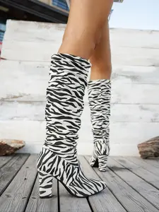 Elegant Women's High Heel Boots, Sexy Zebra Print Fashion Shoes, Textile Upper & Rubber Sole, Fall Winter Style, Trendy Design