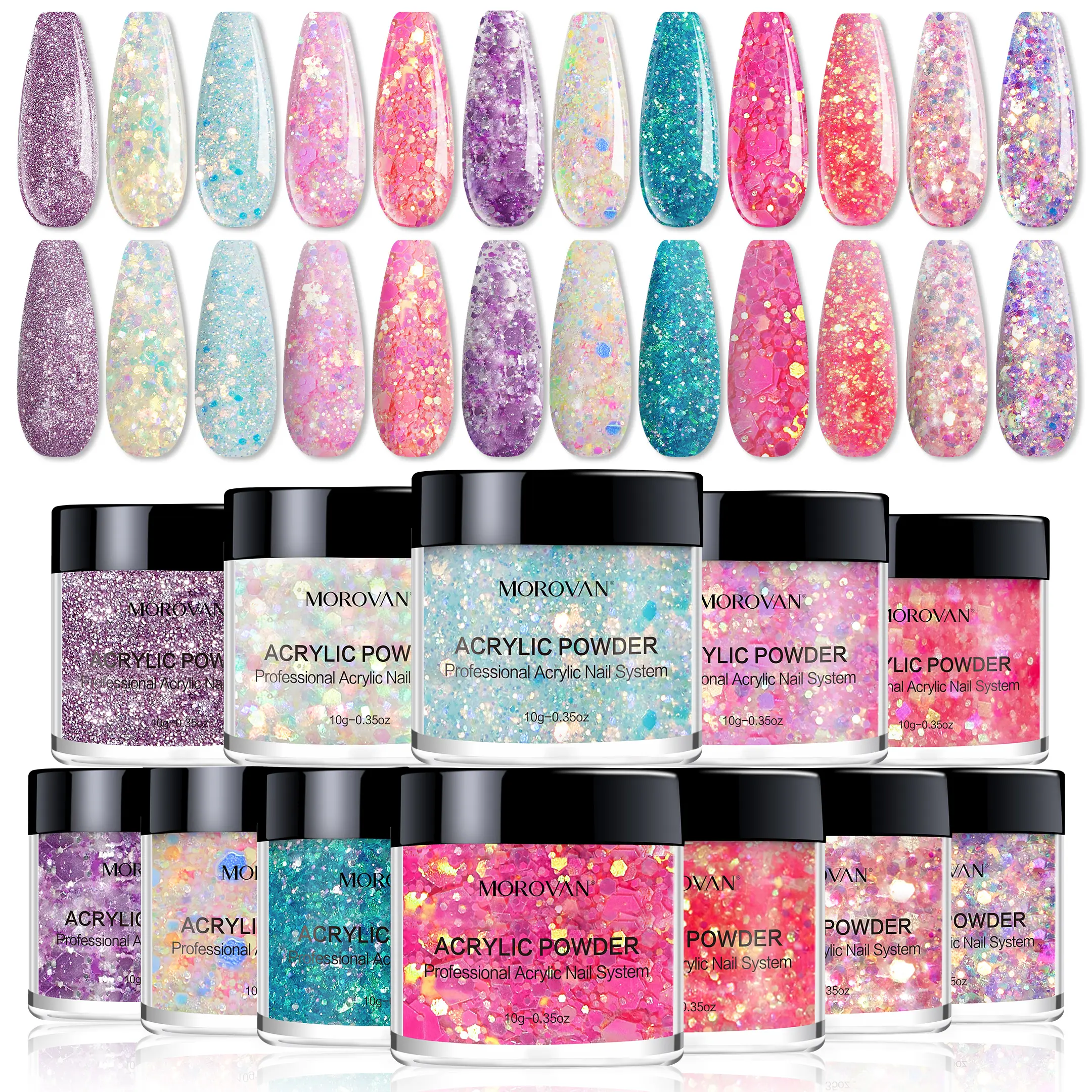 Morovan Summer Glitter Acrylic Powder Set, Pastel Iridescent Sparkle Acrylic Nail Powder for DIY Nail Extension, Salon-Quality Fine Nail Art Supply for Beginners & Professionals