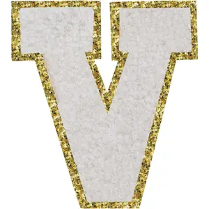 Iron on Letter Patch 3Pcs Varsity Glitter Chenille Letter Patches 4.5 inch for Clothing Backpacks Team Costume Decoration Golden Edge White V