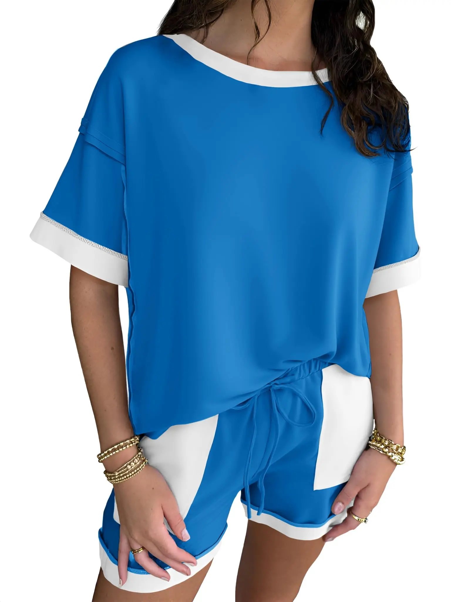 FISOEW Womens Summer 2 Piece Outfits Sweatsuits Oversized Sweatshirt Shorts Casual Color Block Lounge Set Short Sets