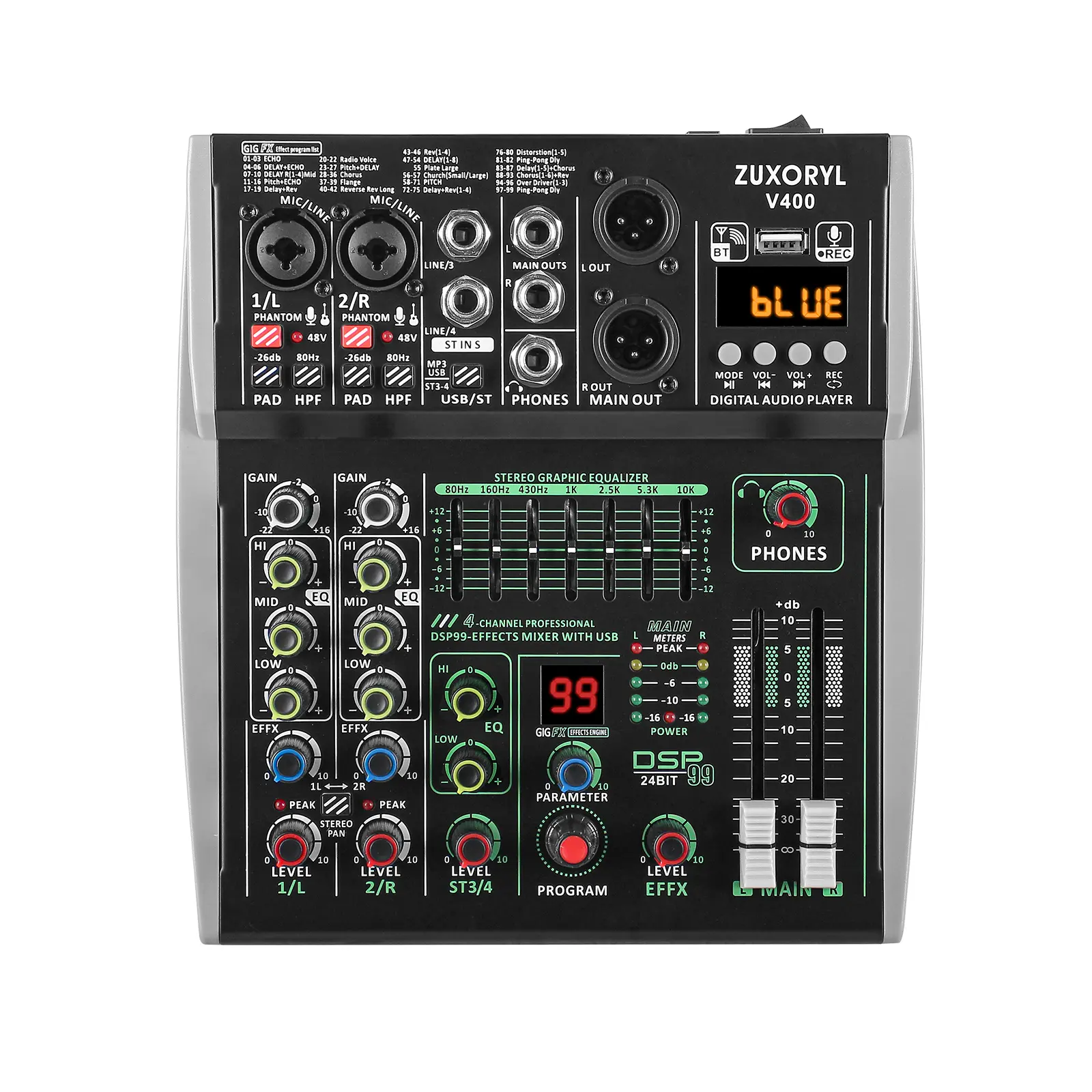4/6 channels audio mixer 99 DSP Sound Effects Bluetooth/USB 48V Phantom Power 7-Band EQ Live Stream Recording, Streaming, Audio Equipment