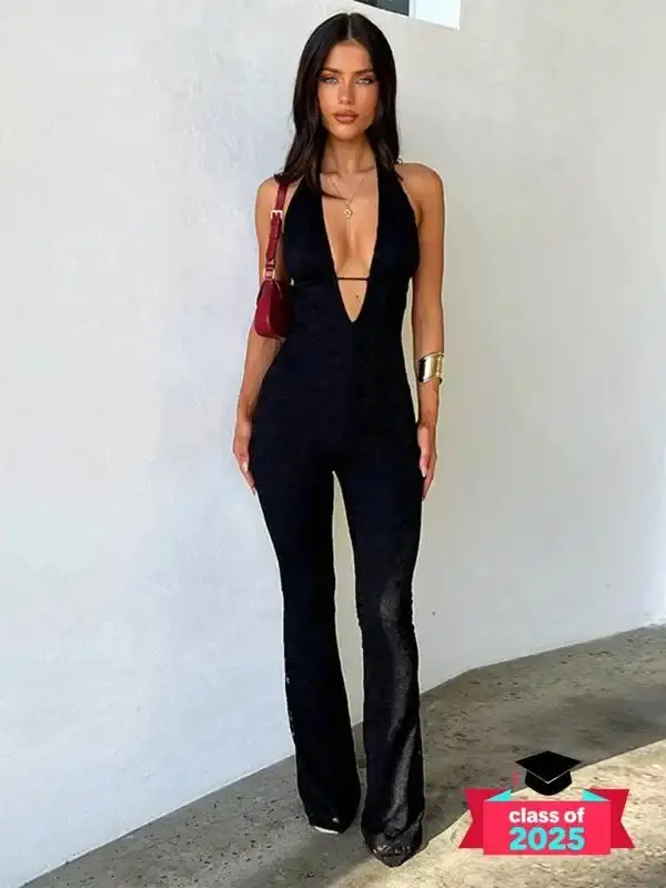 Women's Backless Deep V Neck Tie Back Jumpsuit, Chic Casual Fitted Fashion Sleeveless Plunge Neck Jumpsuit for Daily Wear, Ladies Clothes for All Seasons, Womenswear