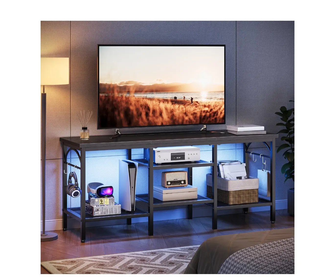 TV Stand for TVs up to 55 Inch, LED Light Entertainment Center with Open Storage Shelves, TV Media Console Table for Living Room, Bedroom, Black