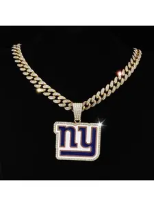 New York Giants NY Logo Football Team Necklace Cuban Chain Hip-Hop Full Diamond Pendant Necklace Jewelry Accessory for Fans