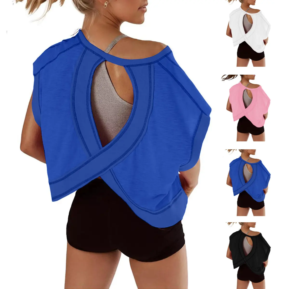 Molitree Women's Short Sleeve Workout Shirts Open Back Tops Casual Yoga Y2k Athletic Gym Slouchy Crop Running Tees Fitted Cotton Spandex Material Slight Crop Design Ribbed Wrist Details