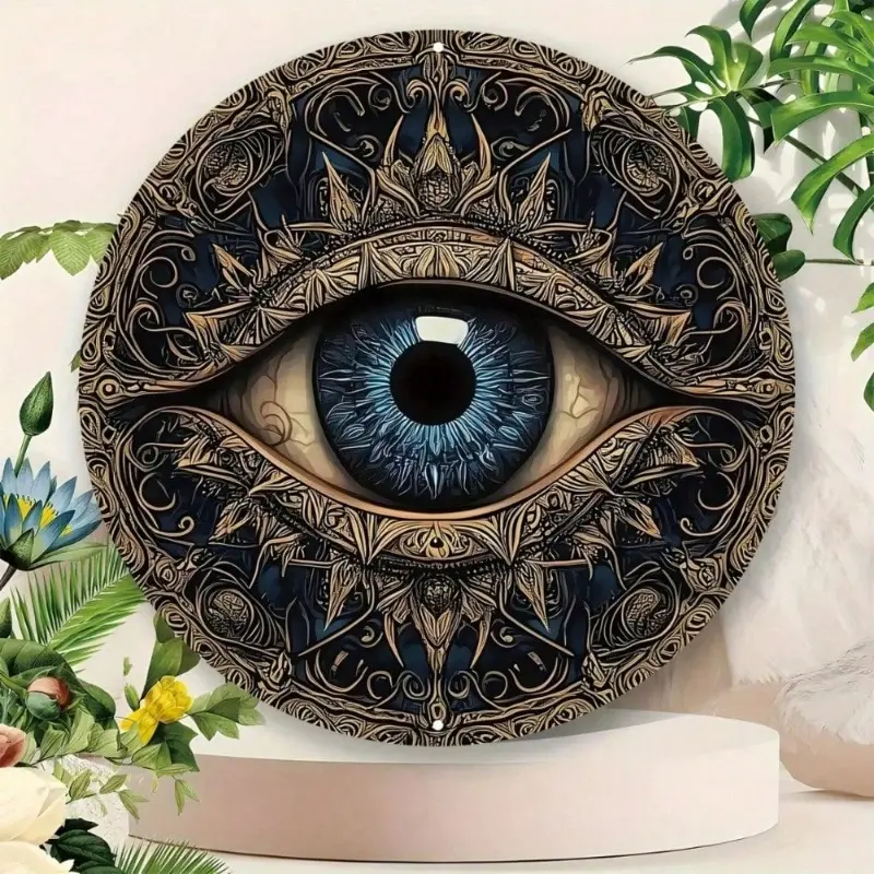 Aluminum Evil Eye Artistic Wall Art 8x8 Inch Round Indoor Outdoor Decor for Home Living Room Bathroom Bedroom Kitchen Cafe Bar
