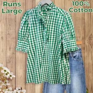 SageVell 100% Cotton Green/Khaki/Red/Blue Gingham Check Shirt with Ruffle Neckline & Puff Sleeves Medium Length Women's Fashion Top Runs Large