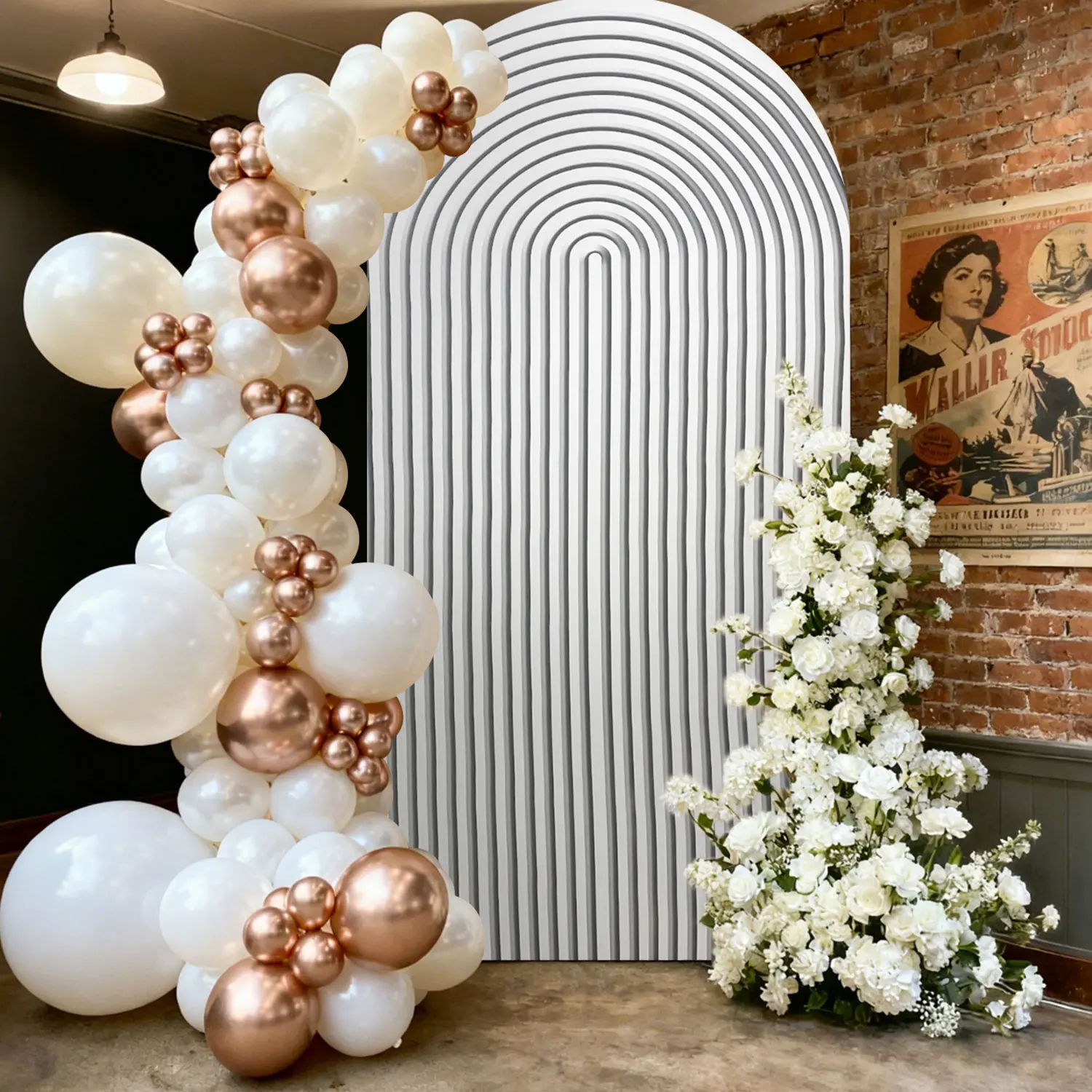 6.5ft Minimalist Lightweight Double-Sided Stripe Arch Cover - Grey & White Rainbow, Solid Spandex Backdrop Wrap, Birthday Party Supplies for Wedding & Boho Party Decor