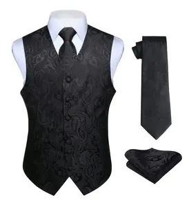 HISDERN Mens Vest Tie Set 3PC Formal Waistcoat Paisley Floral Jacquard Necktie Pocket Square Suit Vests Wedding Party Clothes Black Fathersdaygift Springtok Outdoorfun Tuxedo Suit
