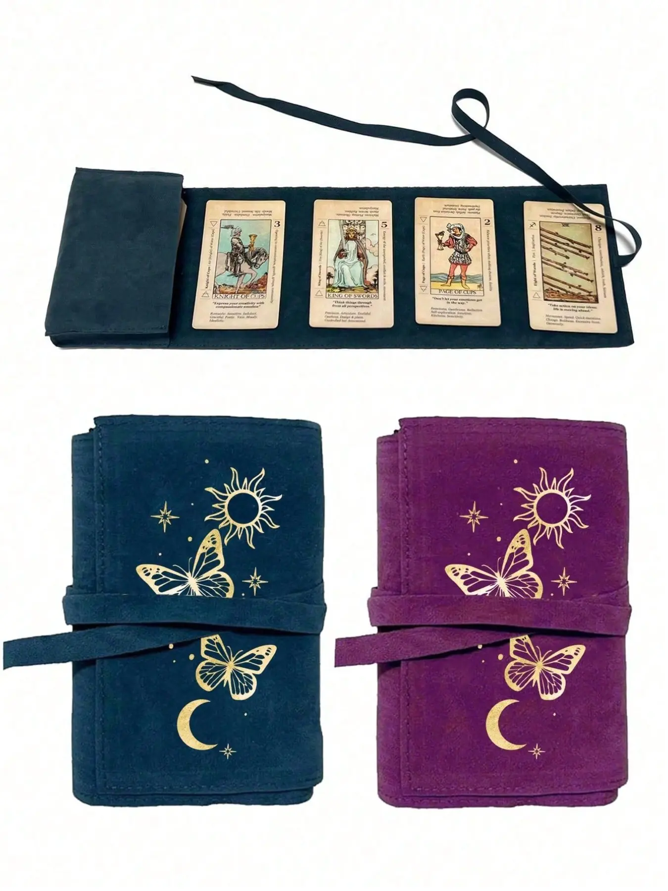 Velvet Tarot Card Storage Bag, printed with gold butterflies, moon and sun patterns, drawstring closure, fabric protective cover, portable pouch, Magic Pouch, Portable Storage Organizer, suitable for storing cards and small items, Soft Pouch
