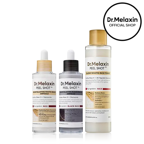 [Dr.Melaxin Official] Peel Shot Glow Rice Trio, 3-Piece | White Rice Toner + White Rice & Black Rice Exfoliating Ampoules | Rice Ferment Exfoliator for Glass Skin, Pores & Smooth Texture | Korean Skincare