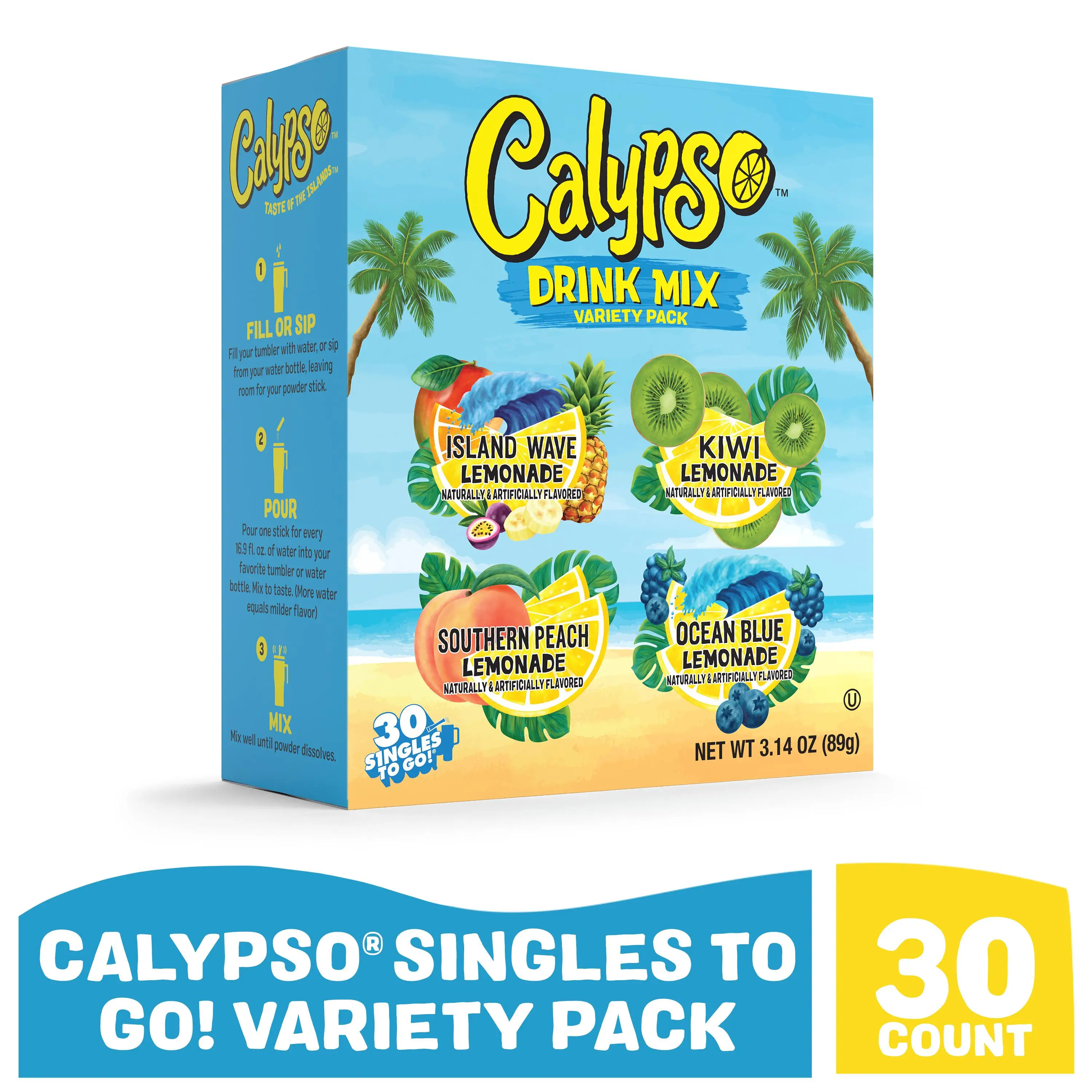 Calypso Singles To Go! Drink Mix Variety Pack – Lemonade On-the-Go Powdered Drink Mix Packets – Low Calorie Water Enhancer – Island Wave, Kiwi, Southern Peach, Ocean Blue Lemonade, 30 Count