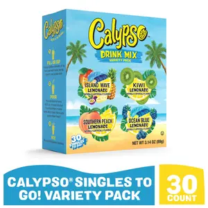 Calypso Singles To Go! Drink Mix Variety Pack – Lemonade On-the-Go Powdered Drink Mix Packets – Low Calorie Water Enhancer – Island Wave, Kiwi, Southern Peach, Ocean Blue Lemonade, 30 Count