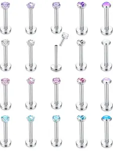 20PCS Threadless Push in Lip Rings 16G Labret Jewelry Cubic Zirconia Sparkling Zircon Inlay Lip Studs Stainless Steel Cartilage Earrings for Women Monroe Medusa Piercing Jewelry 6/8mm Bar Length