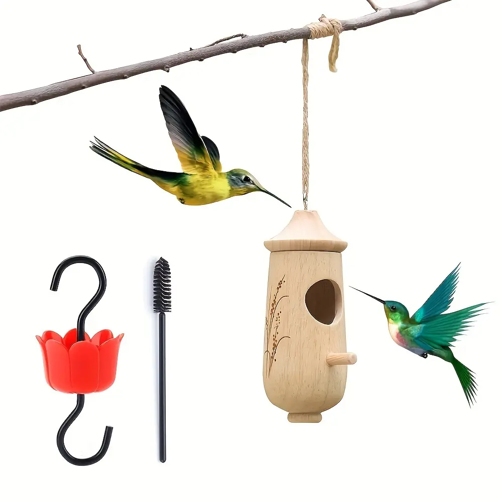 Spring Bird Wooden Hummingbird House & Feeder Combo, Birdhouse, Outdoor Bird House, Wooden Bird Houses, Bird Houses for Outside, Easy to Clean, Ideal Garden Decoration, Attracts Birds Effectively