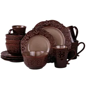 212 MAIN Salia Stoneware 16-Piece Dinnerware Set - High Gloss, Textured Rims, Microwave-Safe, Includes Plates, Bowls, Mugs (Model EL-SALIA16)