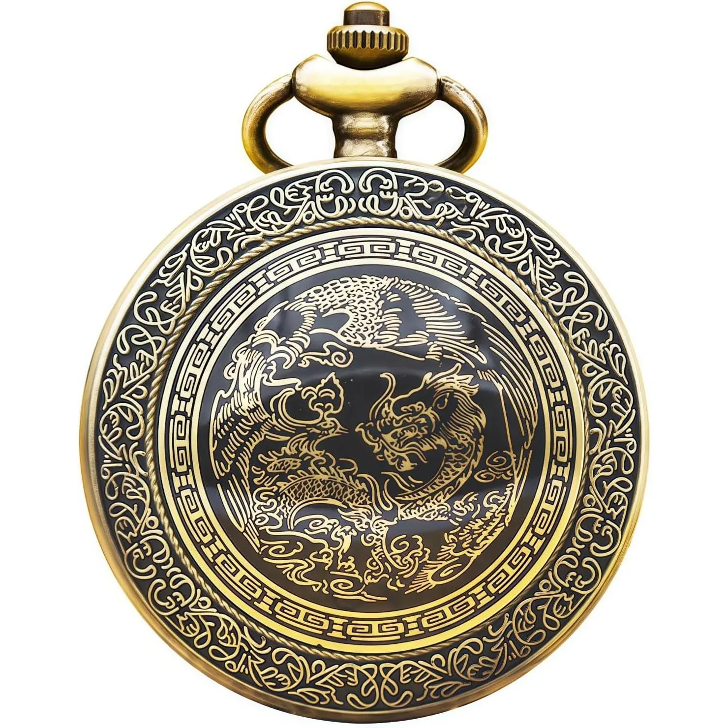 Pocket Watch Engraved Cowboys Arabic Numerals Quartz with Chain Gifts Bronze