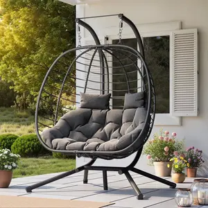 UDPATIO Double Wicker 2-Person Foldable Hanging Egg Chair with Stand, Porch Swing Loveseat, Outdoor Patio Furniture for Balcony