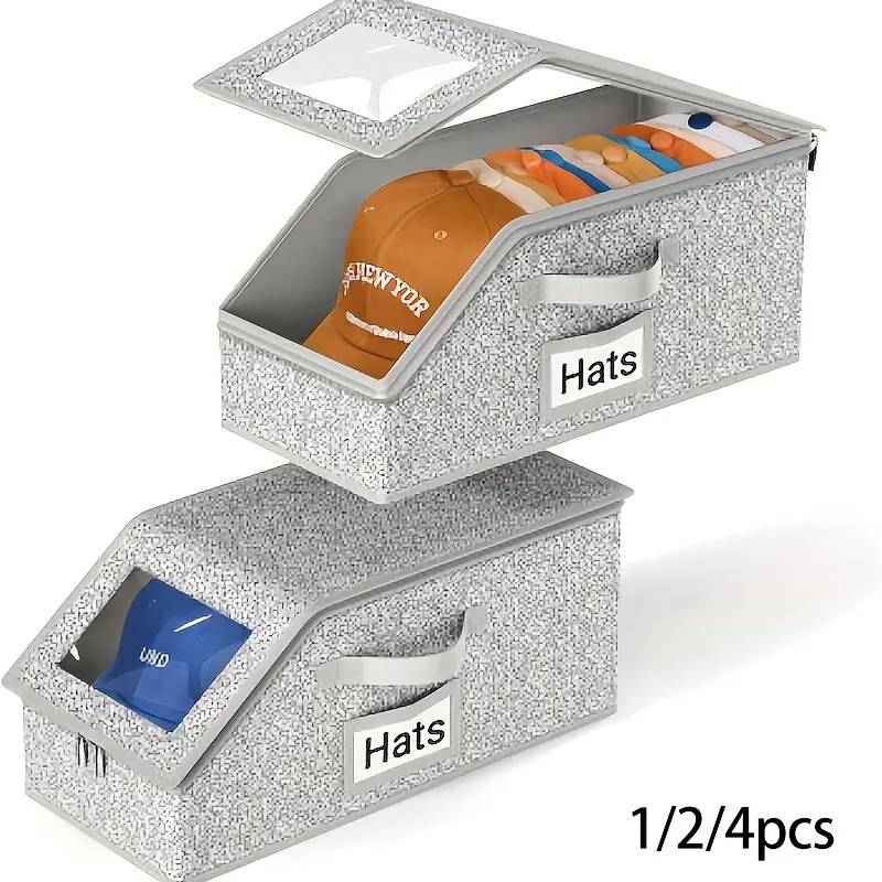 1/2/4pcs Stackable Baseball Cap Storage Box with Transparent Window, Sturdy Cardboard Hat Box for Storing Underwear, Socks,, Suitable for Men, Gray