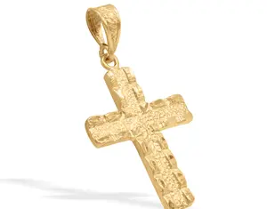 Gold Large Nugget Cross Pendant 14k Heavy Plated Gold High Quality Men's Jewelry with 5mm French Rope Chain Lifetime Replacement Guarantee
