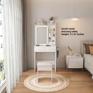Modern  vanity Mini Dressing Table，LED-lit Mirror & Hidden Storage,Padded Stool,Adjustable Brightness  Desk,Multi-tier Dust-proof Shelves,White,Bedroom（23.62"×51.97"） light drawers makeup beauty station