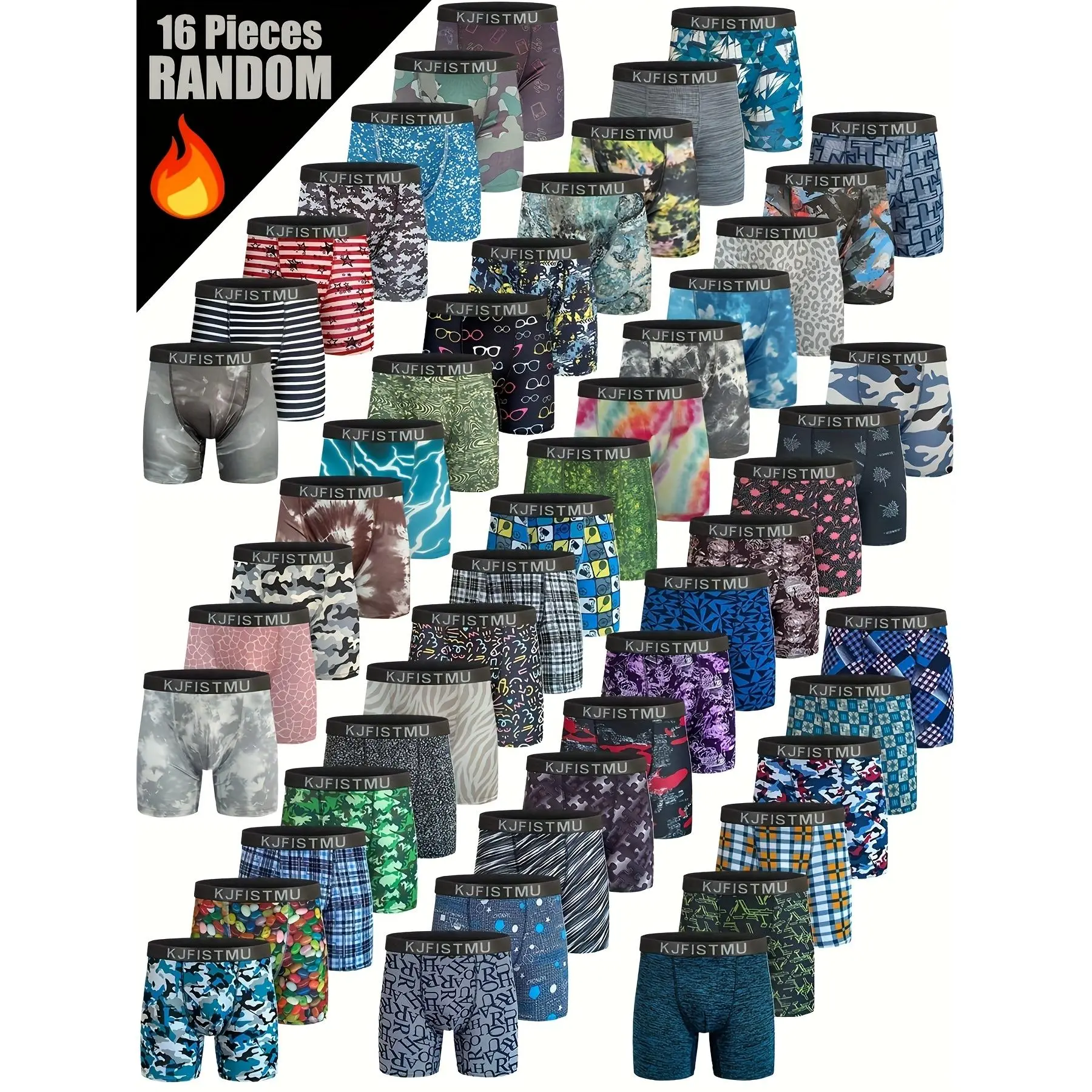 KJFISTMU Men'S 16pcs Random Printed Boxer Briefs In Vibrant Camouflage, Medium Stretch, Soft, Breathable, Everyday And Athletic. Suitable For All Seasons. Menswear Mixed Color Socks Operator