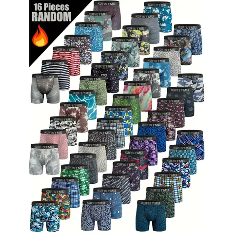 KJFISTMU Men's 16pcs Random Printed Underwear Boxer Briefs - Vibrant Camouflage, Medium Stretch, Soft Breathable Fabric, 4-Way Men's Boxer Briefs, Activewear Sportswear for Everyday & Athletic Use, All-Season Menswear with Mixed Color Socks