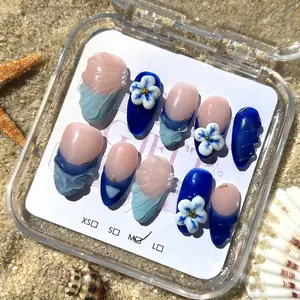 10Pcs Press On Nail Set 10pcs/Set Handmade Acrylic Press On Nails Mid-Length Almond Nails,French Nails, Blue Nails, Three-Dimensional Hand-Dripped Resin Flowers, Three-Dimensional Stripes, Three-Dimensional Carving Nails,Fake Nails