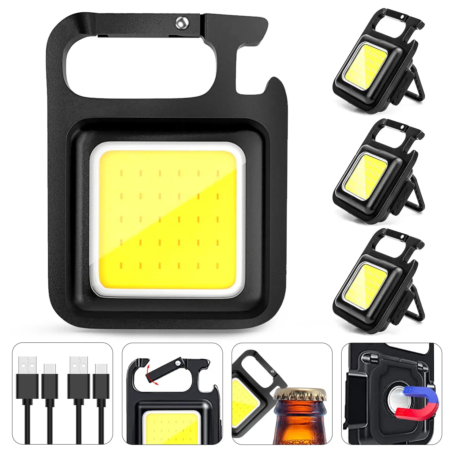 Rechargeable keychain flashlight, 1 piece pack, high-lumen ultra-bright LED working light strip with magnets, clips, bottle opener, suitable for dog walking, car repair, emergencies, camping, EDC