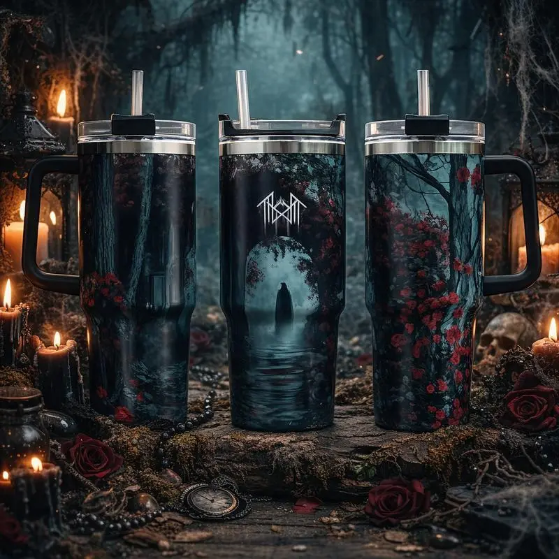 Sleep Token Dark Forest 40oz Insulated Stainless Steel Tumbler with Handle & Straw, Gothic Rose Aesthetic Travel Mug, Large Capacity Band Fan Gift