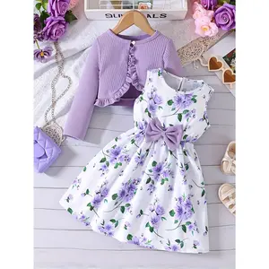 Girls' Clothing Autumn and Winter Cardigan Jacket with Vest Print Dress Back-to-School Season Campus Fashion Outfit Two-Piece Set, Perfect for Outdoor, Perfect for Outdoor, Casual, Backtoschool, Floral Pattern, Medium Stretch Fabric, Round Neck
