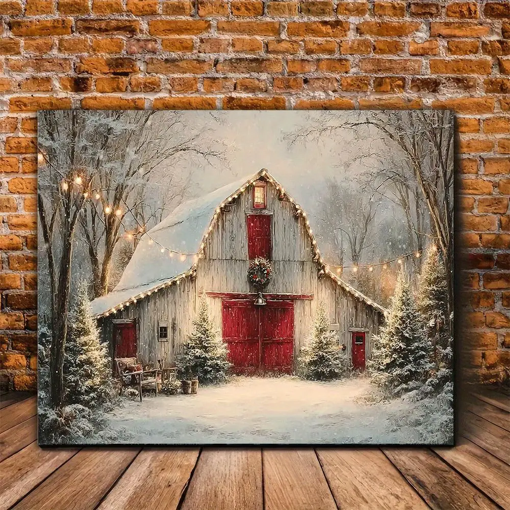 Vintage Farmhouse Christmas Barn Painting Winter Snow Scene Red Door Frameless Country Barn Artwork for Living Room Bedroom Office Cafe Wall Print Ornaments