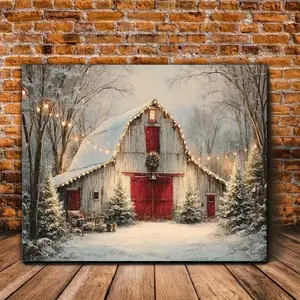 Vintage Farmhouse Christmas Barn Painting Winter Snow Scene Red Door Frameless Country Barn Artwork for Living Room Bedroom Office Cafe Wall Print Ornaments