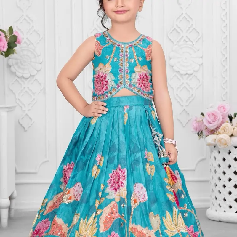 Kid’s Blue Floral-Printed lehnga choli, avaibale in all size from age 4 to 14