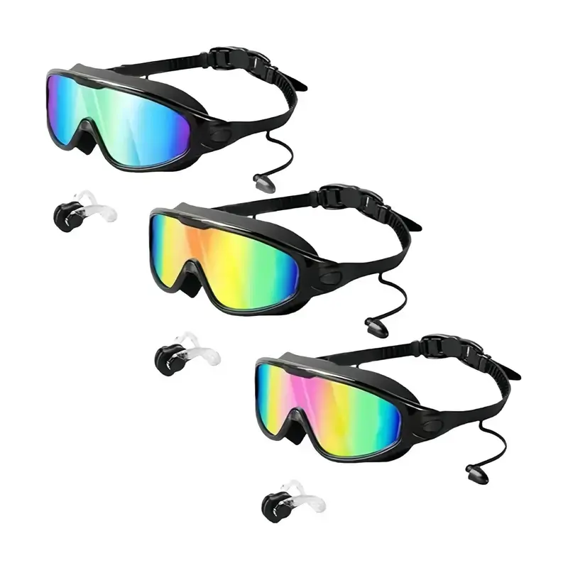 Unisex Swim Goggles for Adults & Kids, Full-Coverage Lenses with Anti-Fog & UV Protection for Swimming, Set Includes Waterproof Earplugs & Nose Clip, Full Cover, Outdoor Water Ready, Fog Free