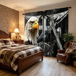 2 pieces of vintage eagle and motorcycle patterned curtains - window stem pocket curtains, suitable for bedrooms, offices, and living rooms - machine washable, polyester fiber material, semi transparent landscape theme decoration, pole free