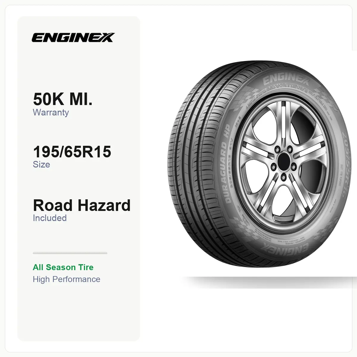 ENGINEX DURAGUARD HP 195/65R15 91V | All Season Tire, High Performance, SL Load Range, 50K Mile Warranty, Road Hazard, Fits select Toyota Corolla, Honda Civic & more, For Sedan/Crossover/SUV