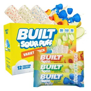 Official BUILT Bar, Sour Puff Variety Box, Triple Flavor Mixed Box: Blue Razz Blast Puff, Green Apple Crush Puff, Sweet Peach Punch Puff, Gluten Free Collagen, Protein Candy Snack Bars, 12 Count Box