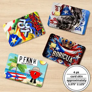 Puerto Rican Pride Card Skin Stickers 4 Pack Assorted Designs 3.375 x 2.125 Universal Size Easy Peel Stick Application Holographic Vinyl Finish