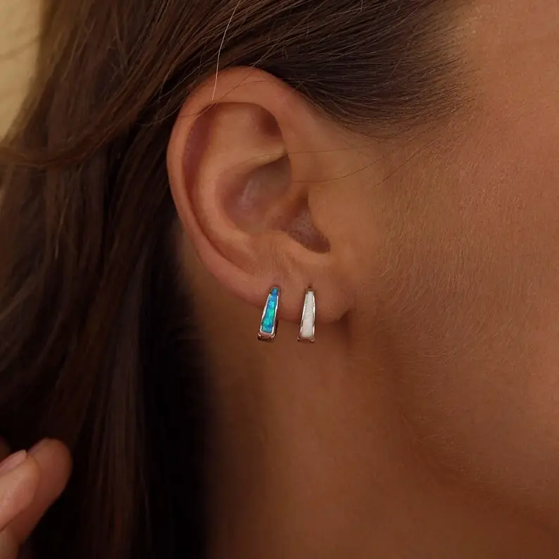 Dainty Opal Huggie Earrings Australian Opal Inlay Minimalist Hoop Earrings Three Colors Gift for Mom Her