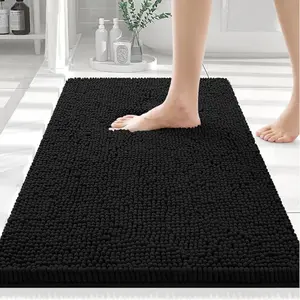 Luxury Chenille Bath Rug 24''x16'', Extra Soft and Absorbent Shaggy Bathroom Mat Rugs, Machine Washable, Non-Slip Plush Carpet, Black Shower