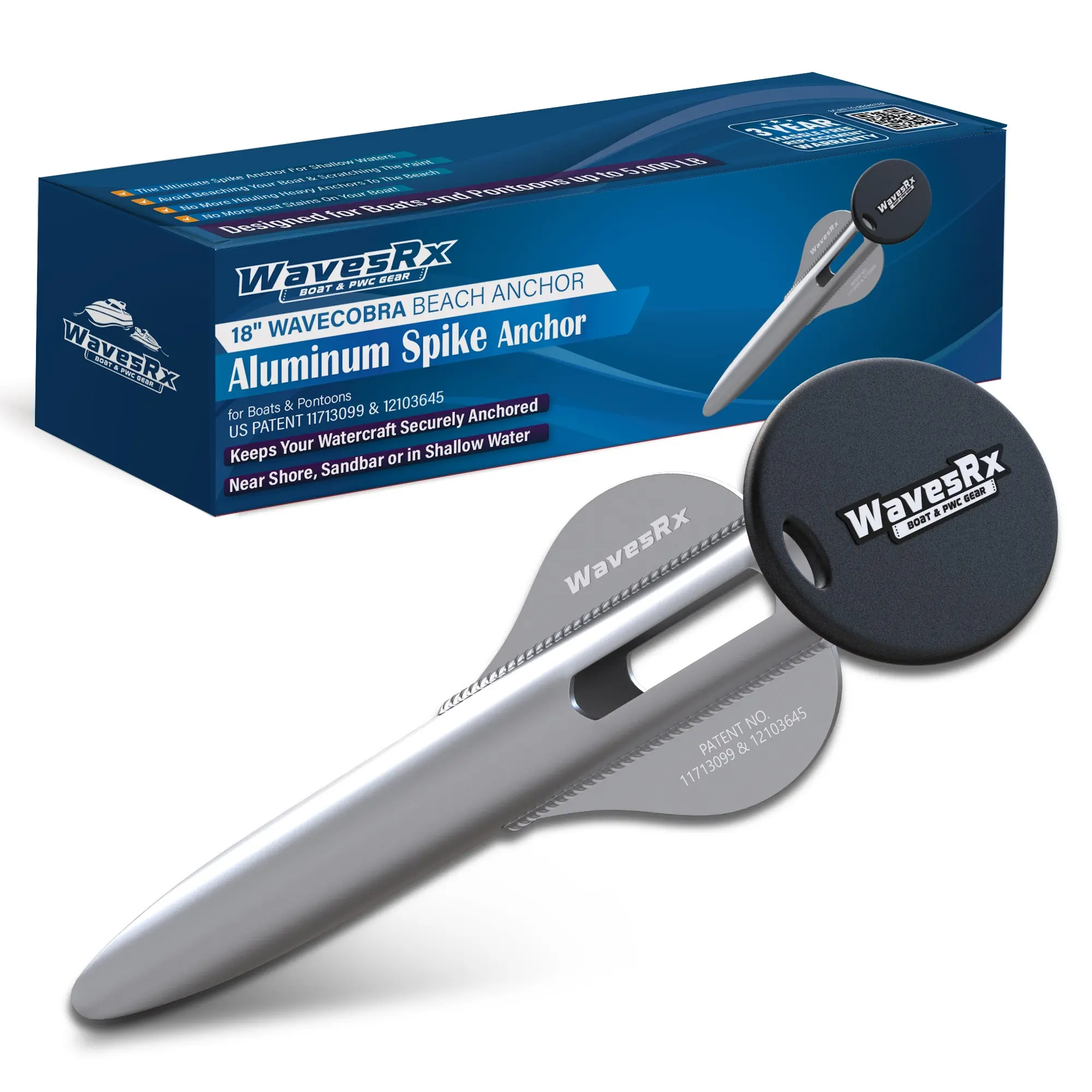 WAVESRX Patented Aluminum Spike Beach Anchor | Ultra-Light Sand Anchor for Boat, Pontoon, PWC, Jet Ski or Kayak | Secure and Effective Watercraft Anchoring Near Shore, Sand-bar or in Shallow Water